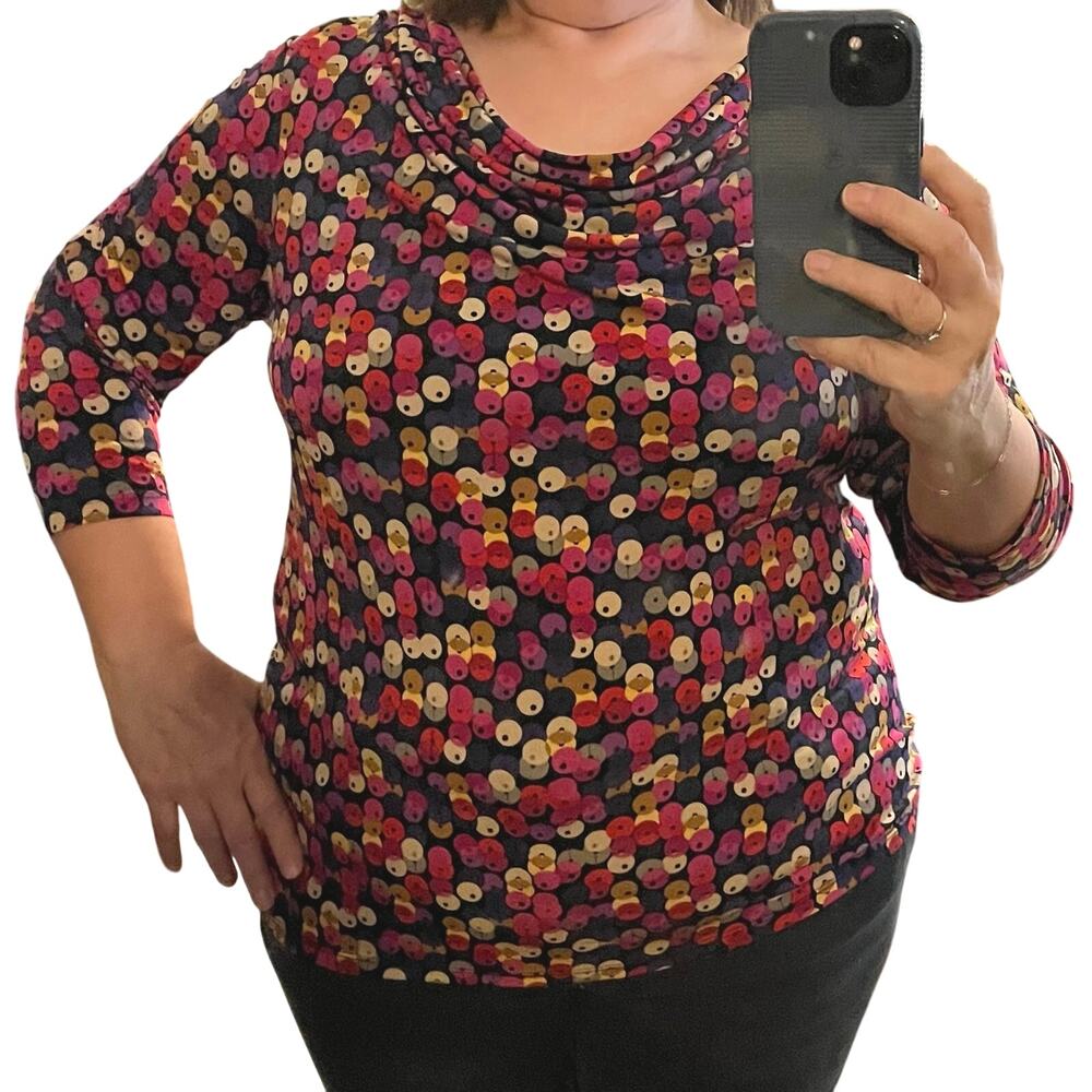 Style & Co Polka Dot Blouse Womens Size 1X Colorful Cowl Neck Stretch Work